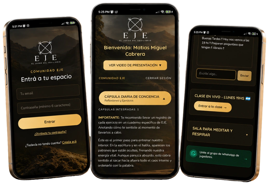 Tres pantallas de la app de EJE en celulares